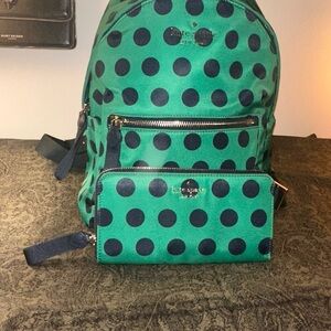 Kate Spade ♠️ Chelsea Green & Navy Blue Polka Dot Backpack &Matching Wallet 2FER